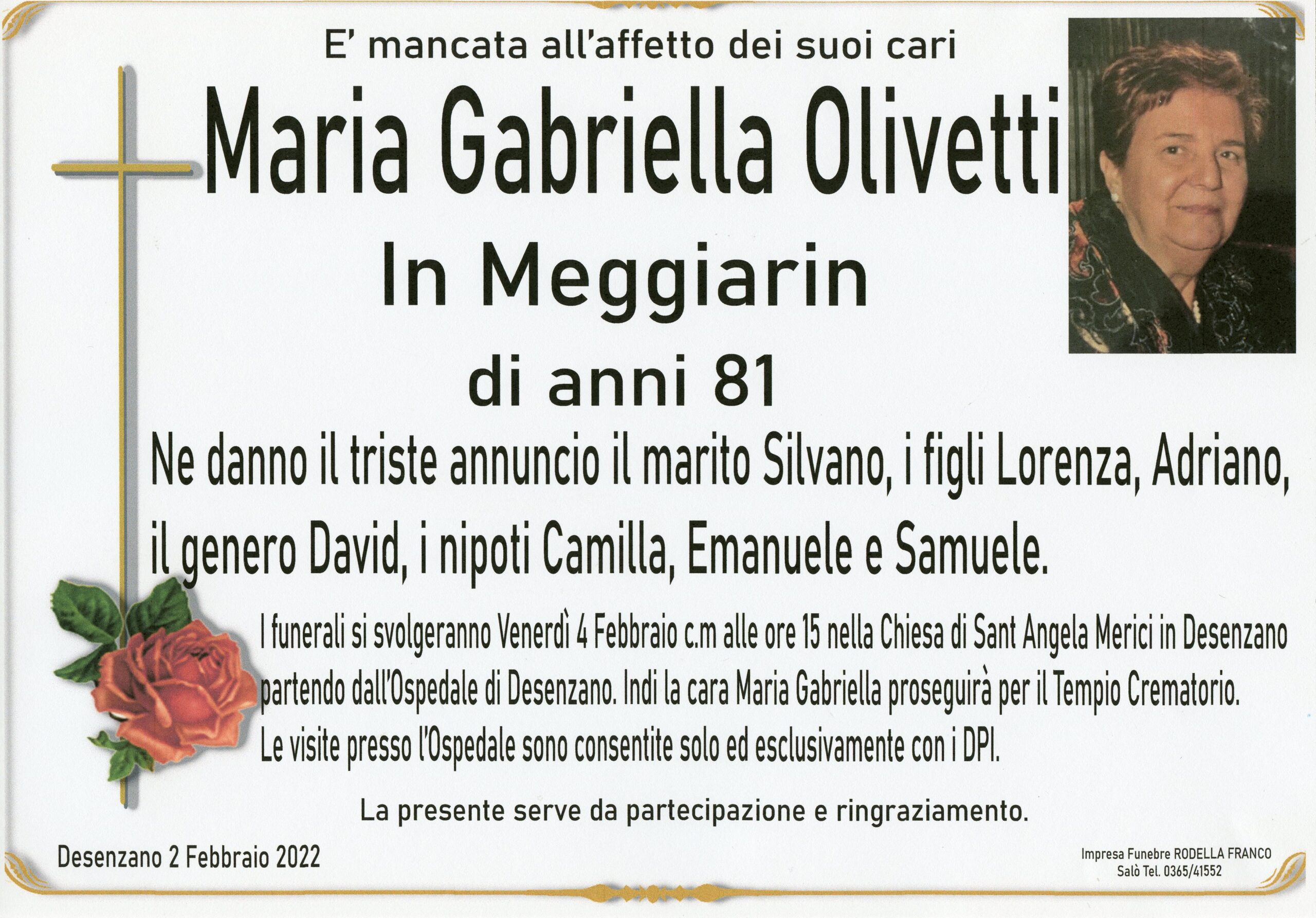 Necrologio Maria Gabriella Olivetti in Meggiarin - Rodella Onoranze Funebri